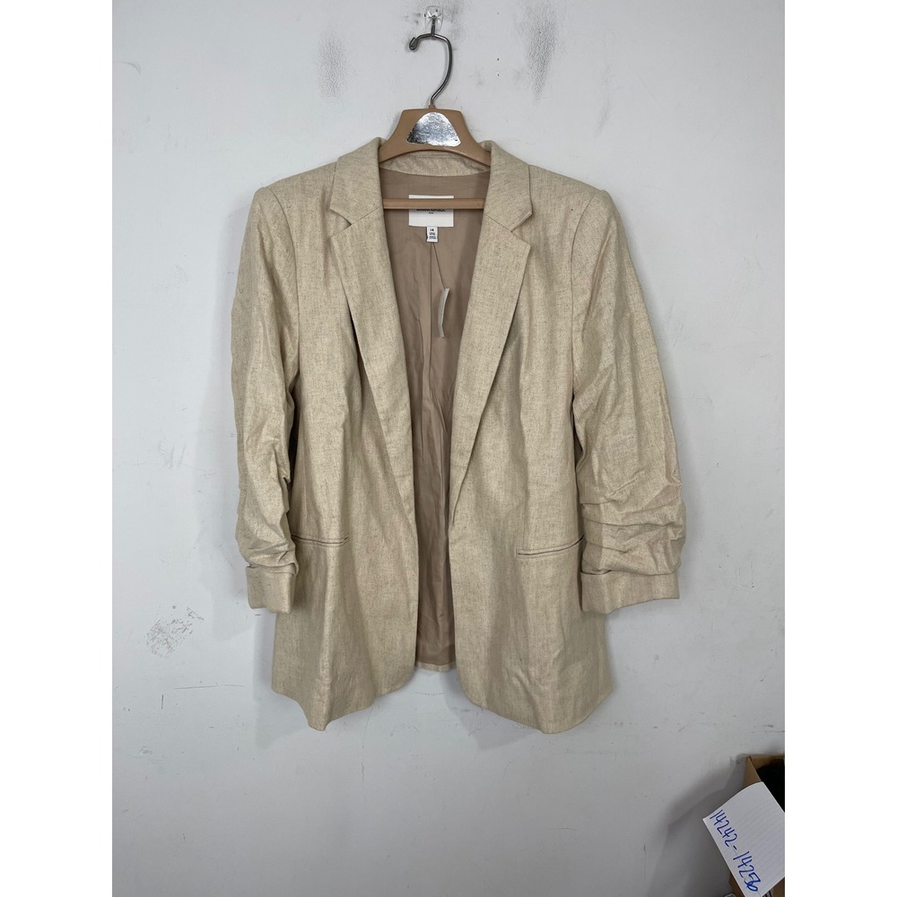 Banana Republic Linen Blend Herringbone Blazer Ruched Sleeve Oatmeal Beige 14